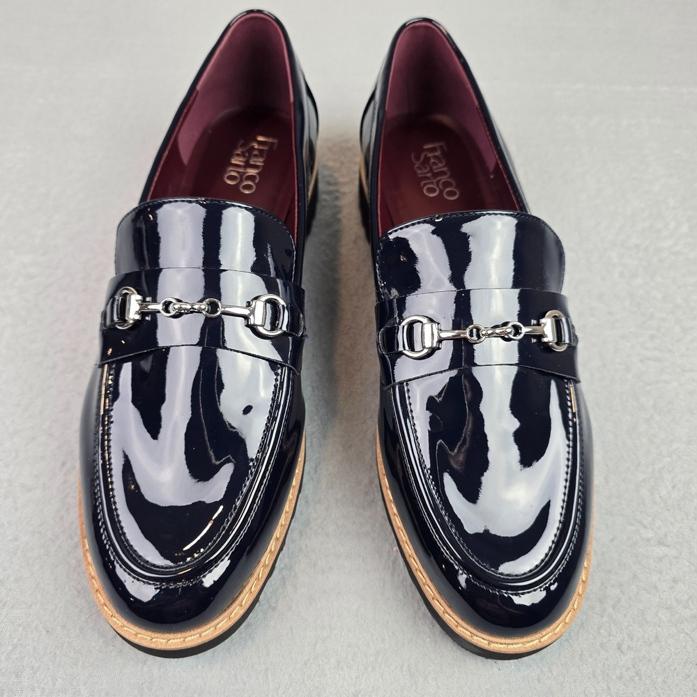 Franco Sarto Patent Loafers Navy Blue Horsebit Slip On Shoes Women's 10W Preppy - Picture 6 of 10